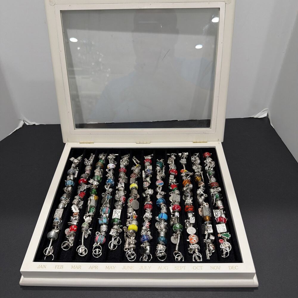 Willabee and Ward 12-Month Charm Bracelet Complete Set W/Wood Display Case
